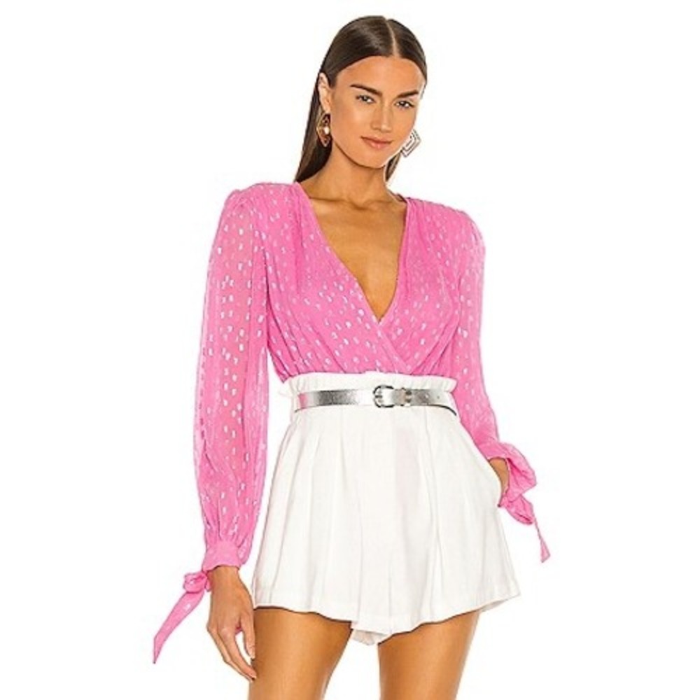 Rococo Sand Pink Silver Metallic Clip Dot Wrap‎ Revolve Alora Bodysuit Long Slv